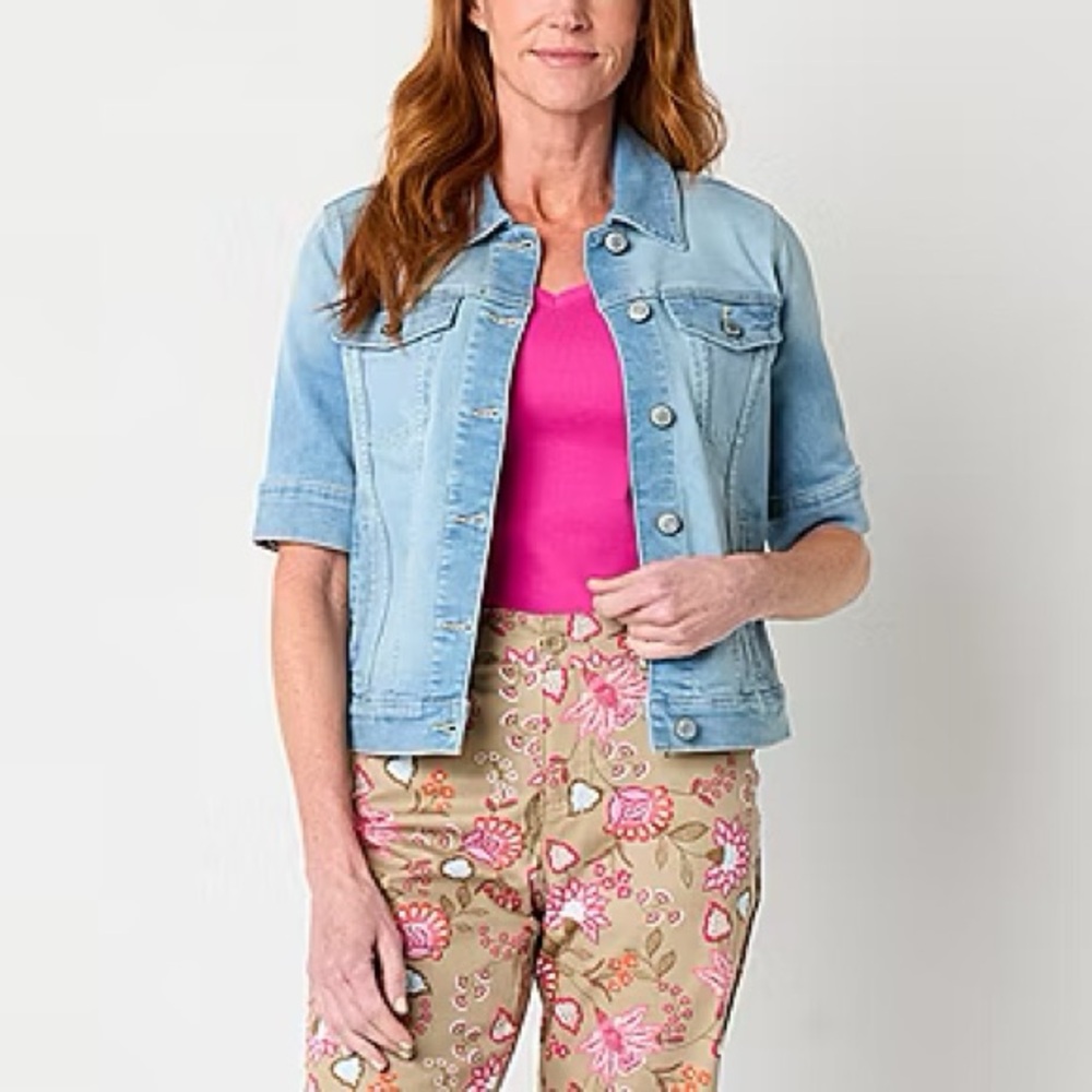 St Johns‎ Bay Womens Short Sleeve Denim Jacket Light Blue 1X Plus New 894-1819